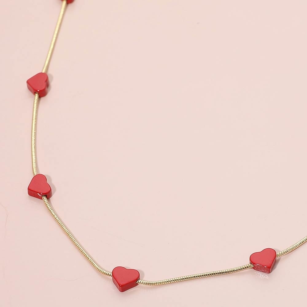 Red Flat Heart Chain Pendant Necklace Charm Station Jewelry Gold